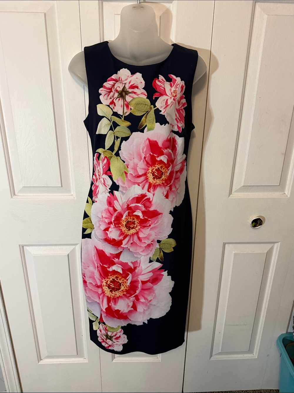 Premier Amour Sz 6 Navy Sheath Dress Pink Floral Print GUC BL5